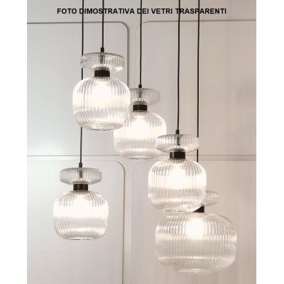 GRETA SOSPENSIONE ROTONDA 5 LUCI MISTA IN VETRO RIGATO AMBRA O TRASPARENTE LAMPADINE ATTACCO E27