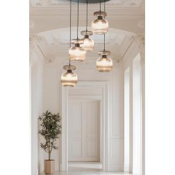 GRETA SOSPENSIONE ROTONDA 5 LUCI D60 CM IN VETRO RIGATO AMBRA O TRASPARENTE LAMPADINE ATTACCO E27 2