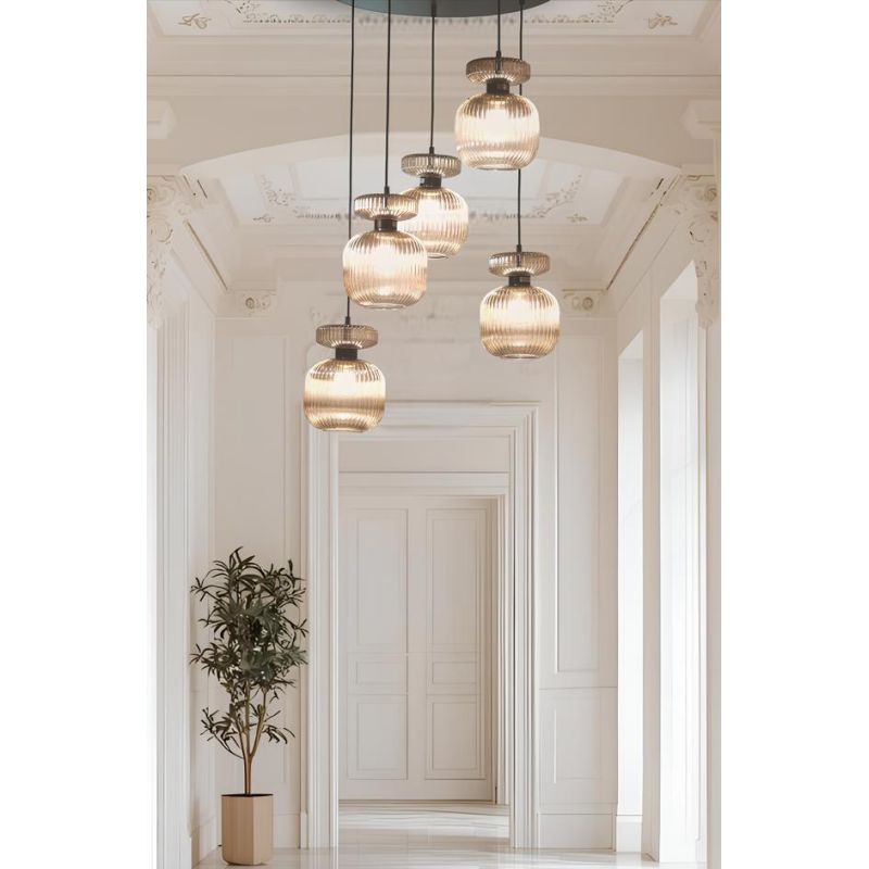 GRETA SOSPENSIONE ROTONDA 5 LUCI D60 CM IN VETRO RIGATO AMBRA O TRASPARENTE LAMPADINE ATTACCO E27