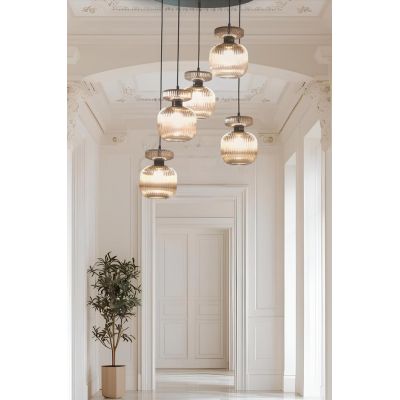 GRETA SOSPENSIONE ROTONDA 5 LUCI D60 CM IN VETRO RIGATO AMBRA O TRASPARENTE LAMPADINE ATTACCO E27