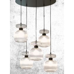 GRETA SOSPENSIONE ROTONDA 5 LUCI D60 CM IN VETRO RIGATO AMBRA O TRASPARENTE LAMPADINE ATTACCO E27