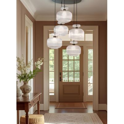 GRETA SOSPENSIONE ROTONDA 5 LUCI IN VETRO RIGATO AMBRA O TRASPARENTE D60 CM LAMPADINE ATTACCO E27