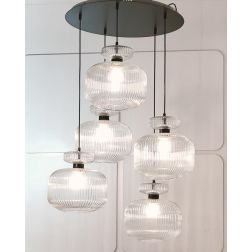 GRETA SOSPENSIONE ROTONDA 5 LUCI IN VETRO RIGATO AMBRA O TRASPARENTE D60 CM LAMPADINE ATTACCO E27