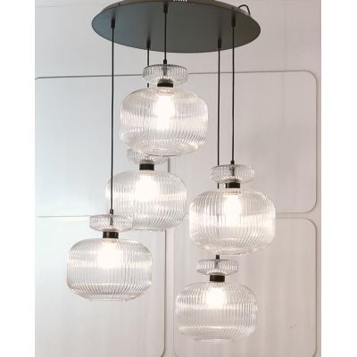 GRETA SOSPENSIONE ROTONDA 5 LUCI IN VETRO RIGATO AMBRA O TRASPARENTE D60 CM LAMPADINE ATTACCO E27