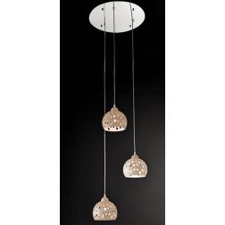 GEO SOSPENSIONE 3 LUCI D40 CM CON DIFFUSORI TRAFORATI IN METALLO BIANCO O SABBIA LAMPADINE ATTACCO E14 MODERNA