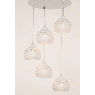 GEO SOSPENSIONE 5 LUCI D40 CM CON DIFFUSORI TRAFORATI IN METALLO BIANCO O SABBIA LAMPADINE ATTACCO E14 MODERNA