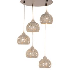 GEO SOSPENSIONE 5 LUCI D40 CM CON DIFFUSORI TRAFORATI IN METALLO BIANCO O SABBIA LAMPADINE ATTACCO E14 MODERNA 2