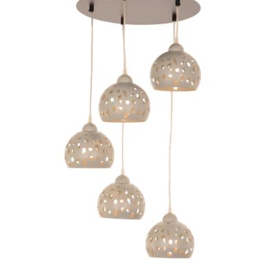 GEO SOSPENSIONE 5 LUCI D40 CM CON DIFFUSORI TRAFORATI IN METALLO BIANCO O SABBIA LAMPADINE ATTACCO E14 MODERNA