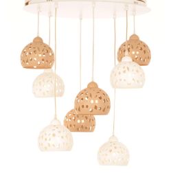 GEO SOSPENSIONE 8 LUCI D60 CM CON DIFFUSORI TRAFORATI IN METALLO BIANCO E SABBIA LAMPADINE ATTACCO E14 MODERNA