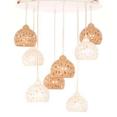 GEO SOSPENSIONE 8 LUCI D60 CM CON DIFFUSORI TRAFORATI IN METALLO BIANCO E SABBIA LAMPADINE ATTACCO E14 MODERNA