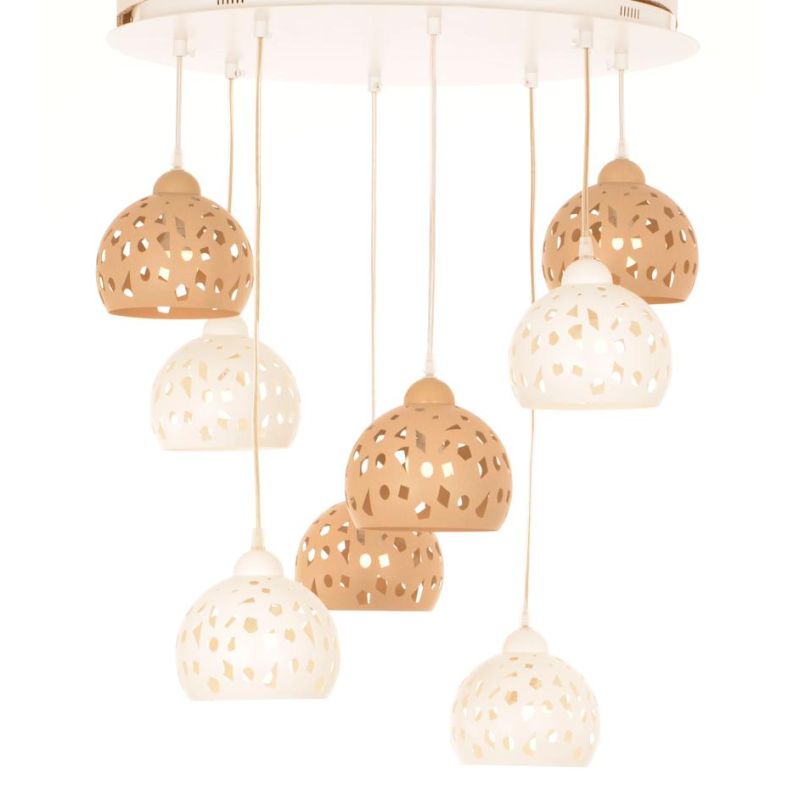 GEO SOSPENSIONE 8 LUCI D60 CM CON DIFFUSORI TRAFORATI IN METALLO BIANCO E SABBIA LAMPADINE ATTACCO E14 MODERNA