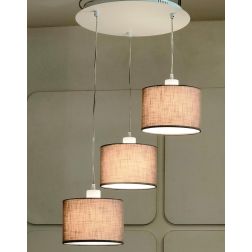 CILINDRO SOSPENSIONE 3 LUCI IN METALLO D40 CM CON PARALUMI IN TESSUTO DI LINO 3 COLORI LAMPADINE ATTACCO E27