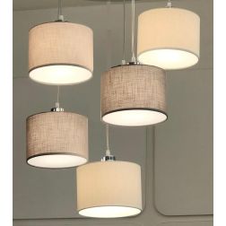 CILINDRO SOSPENSIONE 5 LUCI IN METALLO D60 CM CON PARALUMI IN TESSUTO DI LINO 3 COLORI LAMPADINE ATTACCO E27 2