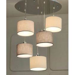 CILINDRO SOSPENSIONE 5 LUCI IN METALLO D60 CM CON PARALUMI IN TESSUTO DI LINO 3 COLORI LAMPADINE ATTACCO E27