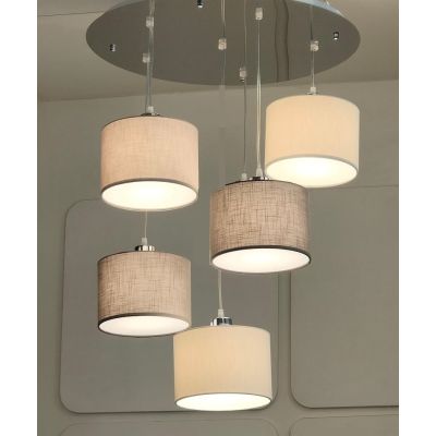 CILINDRO SOSPENSIONE 5 LUCI IN METALLO D60 CM CON PARALUMI IN TESSUTO DI LINO 3 COLORI LAMPADINE ATTACCO E27