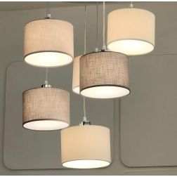 CILINDRO SOSPENSIONE 6 LUCI IN METALLO D60 CM CON PARALUMI IN TESSUTO DI LINO 3 COLORI LAMPADINE ATTACCO E27 2