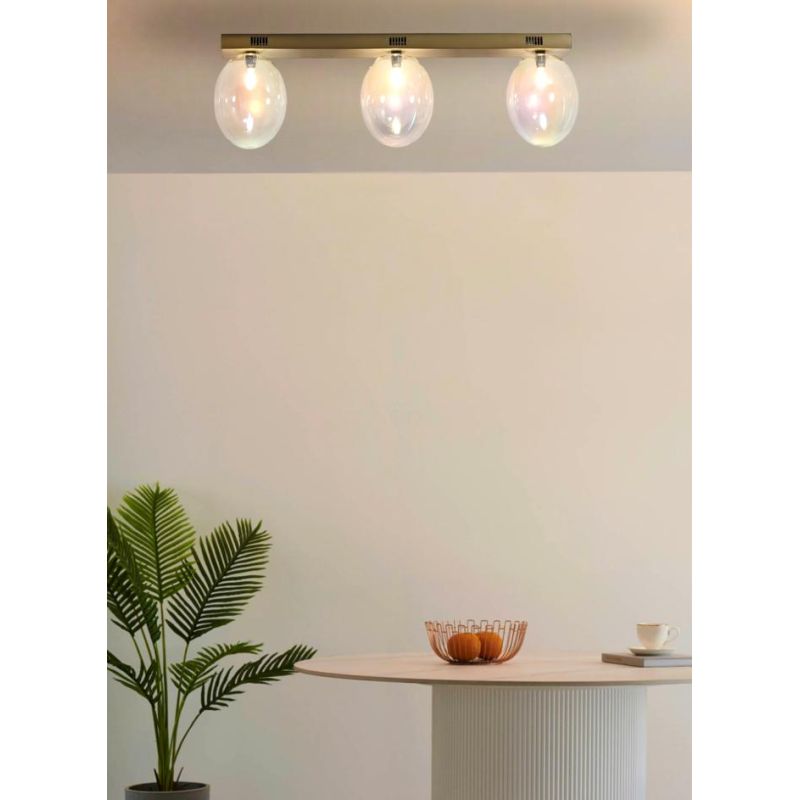 UVA PLAFONIERA LINEARE 3 LUCI L72 CM CON SFERE IN VETRO IRIDESCENTE E BASE IN 4 COLORI LAMPADINE ATTACCO G9