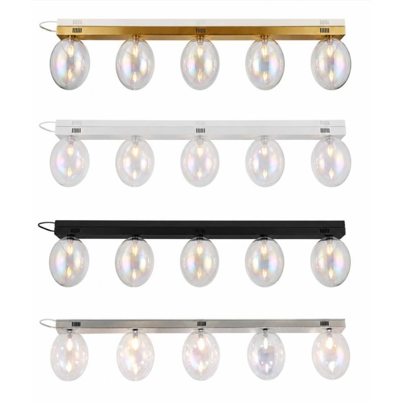 UVA PLAFONIERA LINEARE 5 LUCI L130 CM CON SFERE IN VETRO IRIDESCENTE E BASE IN 4 COLORI LAMPADINE ATTACCO G9