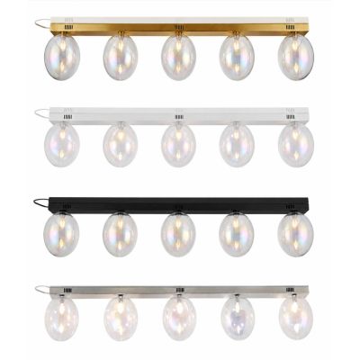 UVA PLAFONIERA LINEARE 5 LUCI L130 CM CON SFERE IN VETRO IRIDESCENTE E BASE IN 4 COLORI LAMPADINE ATTACCO G9