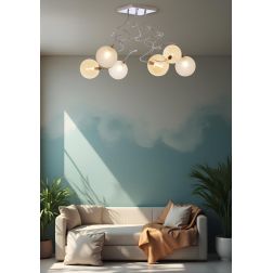 GINA PLAFONIERA 6 LUCI CON BRACCI FLESSIBILI CROMO O NICHEL CON SFERE IN VETRO COLORATO LAMPADINE ATTACCO G9 2