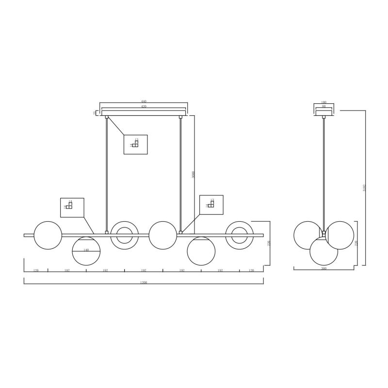 MONILE SOSPENSIONE MODERNA IN METALLO NERO O ORO CON 6 SFERE IN VETRO SOFFIATO FUME O BIANCHE ONDALUCE CICIRIELLO - Cristalensi