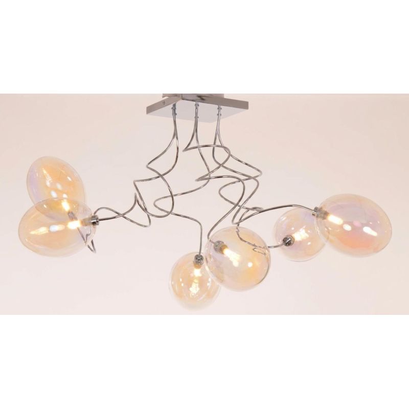 GINA UVA PLAFONIERA 6 LUCI CON BRACCI FLESSIBILI CROMO O NICHEL CON SFERE IN VETRO IRIDESCENTE LAMPADINE ATTACCO G9