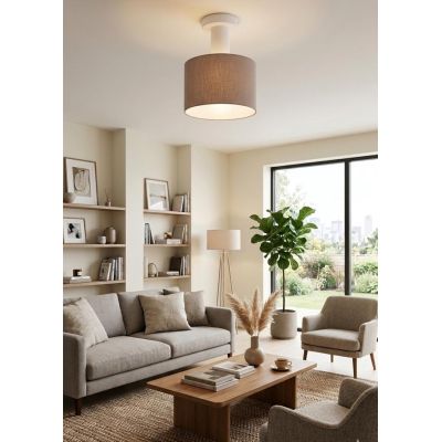 CILINDRO PLAFONIERA BIANCA CON PARALUME D20 CM IN TESSUTO DI LINO 3 COLORI LAMPADINA ATTACCO E27