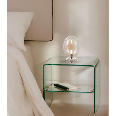 UVA LAMPADA DA TAVOLO H23 CM CON SFERA IN VETRO IRIDESCENTE E BASE TRASPARENTE LAMPADINA ATTACCO G9
