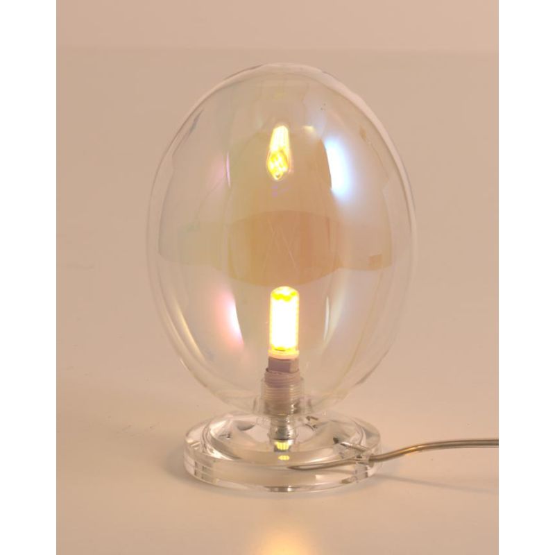 UVA LAMPADA DA TAVOLO H23 CM CON SFERA IN VETRO IRIDESCENTE E BASE TRASPARENTE LAMPADINA ATTACCO G9