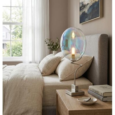 GINA UVA LAMPADA DA TAVOLO CON BRACCIO FLESSIBILE CROMO O NICHEL E CON SFERA IN VETRO IRIDESCENTE  LAMPADINA G9