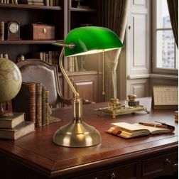 MINISTERIALE LAMPADA DA TAVOLO IN METALLO BRUNITO CON DIFFUSORE IN VETRO ORIENTABILE VERDE O BIANCO