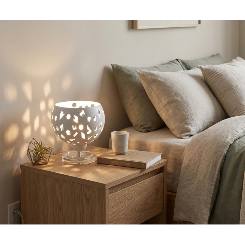 GEO LUMETTO D16 CM METALLO BIANCO O SABBIA TRAFORATO CON LAMPADINA ATTACCO E14 DESIGN MODERNO