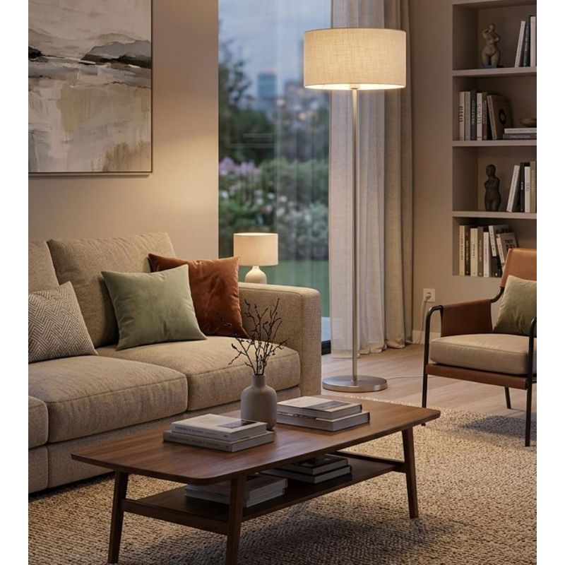 CILINDRO LAMPADA DA TERRA D35 CM IN METALLO 5 COLORI CON PARALUME IN TESSUTO DI LINO 3 COLORI MODERNA