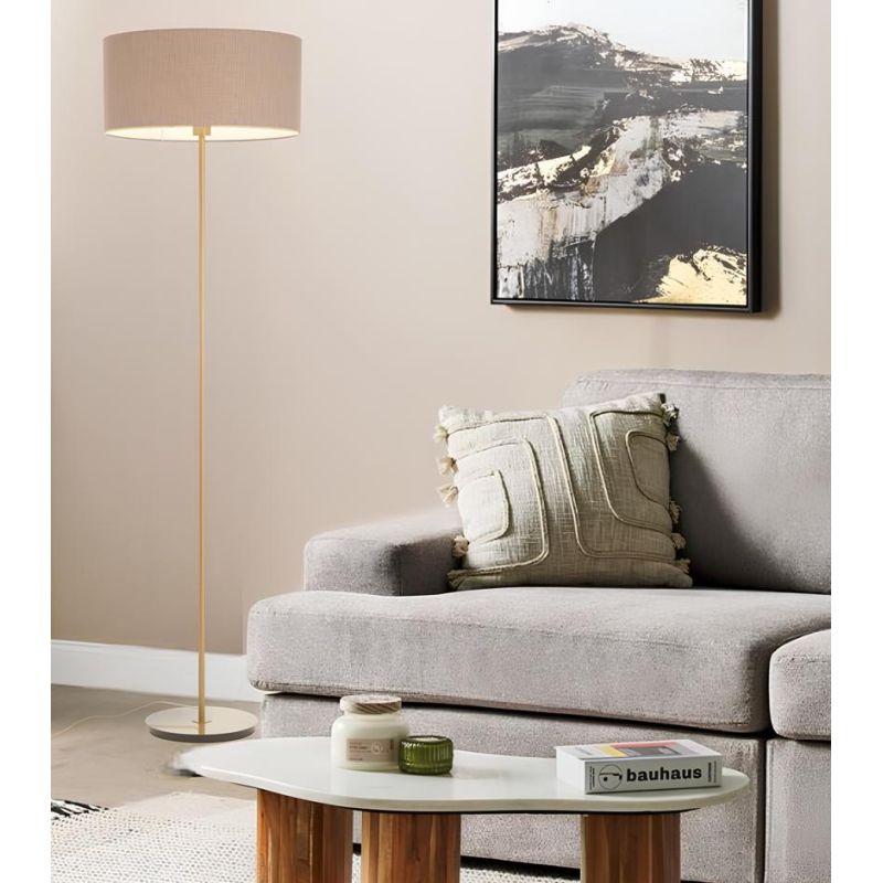 CILINDRO LAMPADA DA TERRA D48 CM IN METALLO 5 COLORI CON PARALUME IN TESSUTO DI LINO 3 COLORI MODERNA