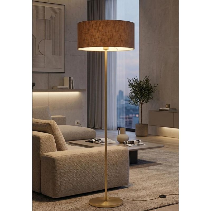 CILINDRO LAMPADA DA TERRA D58 CM IN METALLO 5 COLORI CON PARALUME IN TESSUTO DI LINO 3 COLORI MODERNA