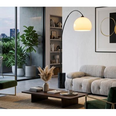 CURVE PIANTANA AD ARCO IN METALLO NERO ORO,BASE IN MARMO NERO E PARALUME D35 CM BIANCO MODERNA