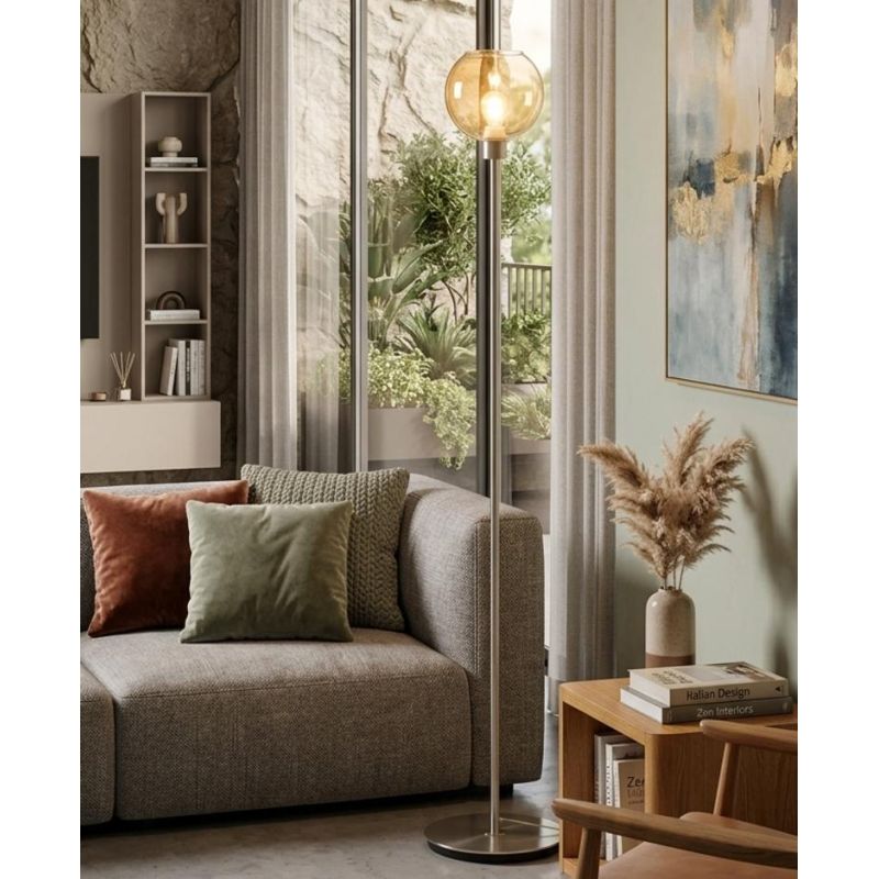PAGODA PIANTANA CON DIFFUSORE IN VETRO FUME E MONTATURA IN METALLO NERO LAMPADINA ATTACCO E27 MODERNA