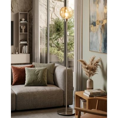 PAGODA PIANTANA CON DIFFUSORE IN VETRO FUME E MONTATURA IN METALLO NERO LAMPADINA ATTACCO E27 MODERNA
