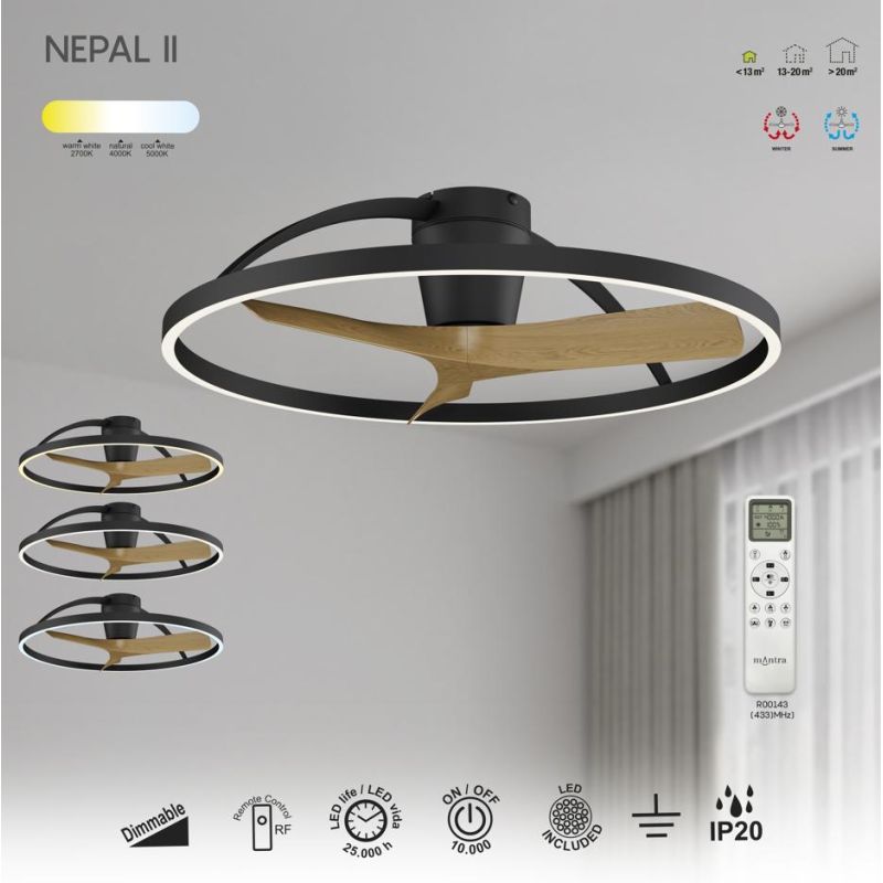 NEPAL II VENTILATORE MODERNO 3 COLORI LED 44W DIMMERABILE DIAMETRO CM 100 CON TELECOMANDO INCLUSO
