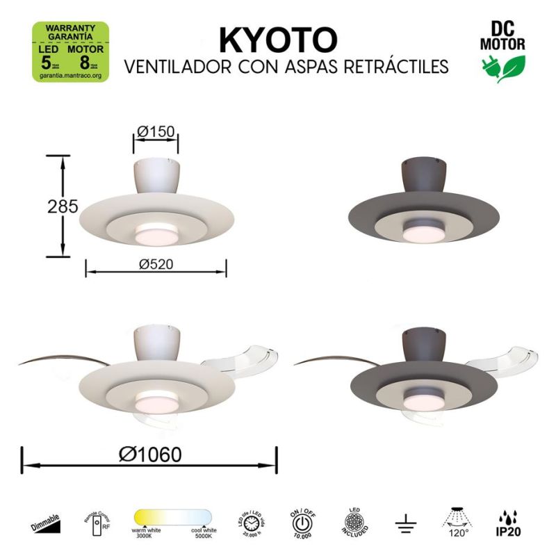 KYOTO VENTILATORE D106 CM CON PALE A SCOMPARSA LED 20W DIMMERABILE 2 COLORI CON TELECOMANDO INCLUSO