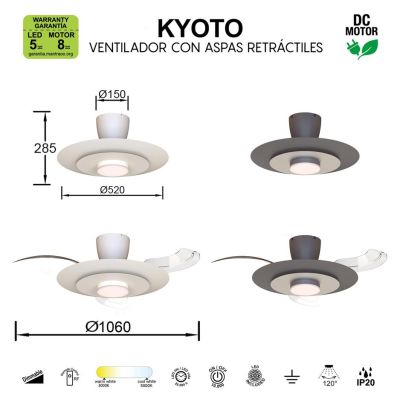 KYOTO VENTILATORE D106 CM CON PALE A SCOMPARSA LED 20W DIMMERABILE 2 COLORI CON TELECOMANDO INCLUSO