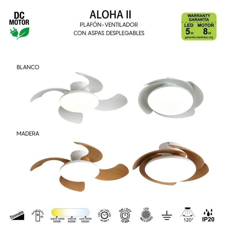 ALOHA II VENTILATORE D83 CM CON PALE A SCOMPARSA LED 40W DIMMERABILE 2 COLORI TELECOMANDO INCLUSO