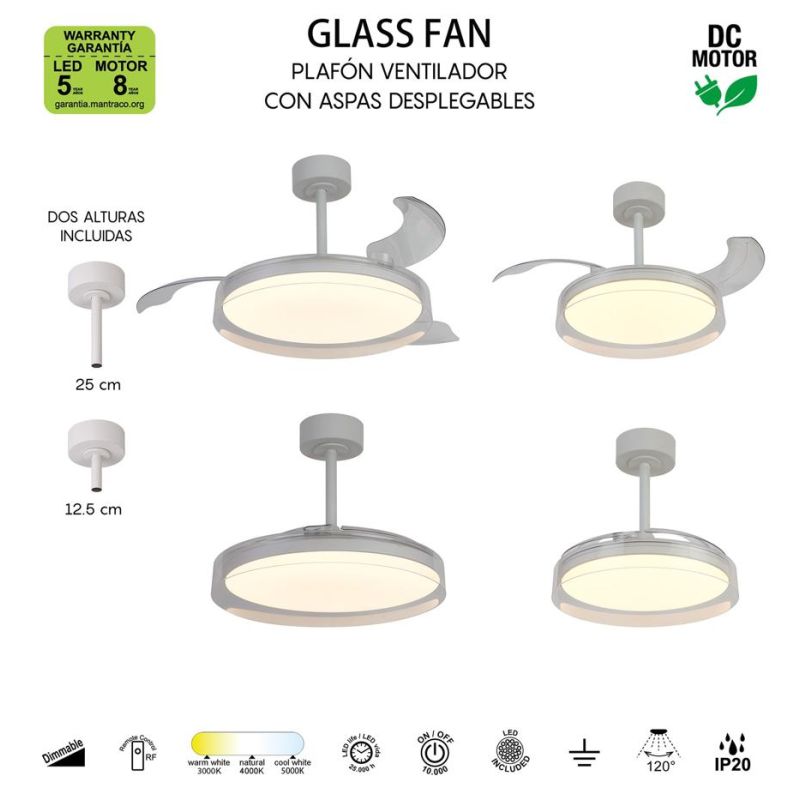 GLASS FAN VENTILATORE METALLO BIANCO E VETRO LUCE LED DIMMERABILE 2 MISURE PALE A SCOMPARSA TELECOMANDO INCLUSO