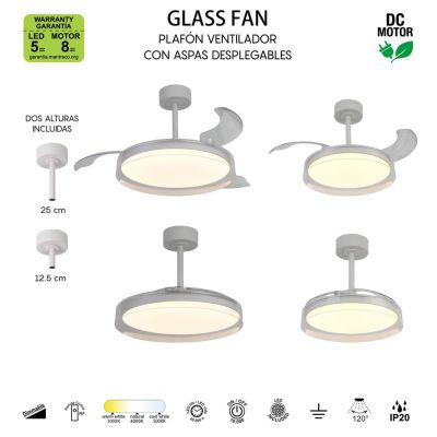 GLASS FAN VENTILATORE METALLO BIANCO E VETRO LUCE LED DIMMERABILE 2 MISURE PALE A SCOMPARSA TELECOMANDO INCLUSO