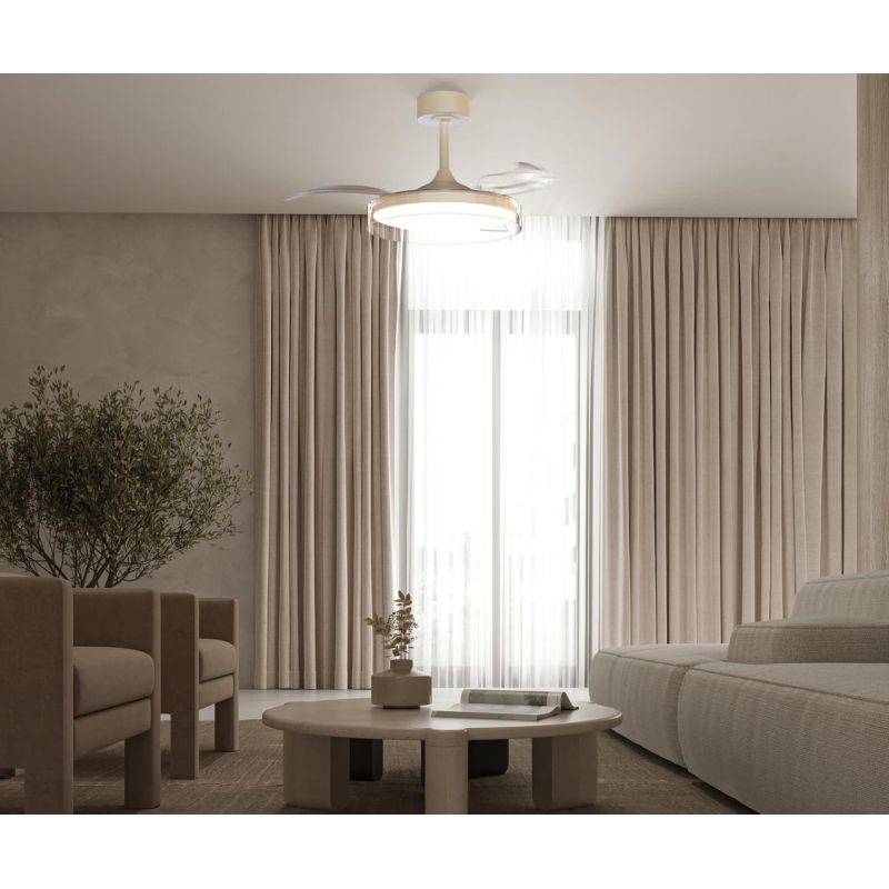 GLASS FAN VENTILATORE METALLO BIANCO E VETRO LUCE LED DIMMERABILE 2 MISURE PALE A SCOMPARSA TELECOMANDO INCLUSO