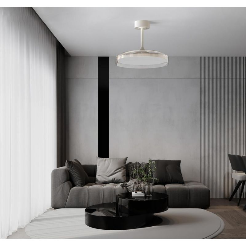 GLASS FAN VENTILATORE METALLO BIANCO E VETRO LUCE LED DIMMERABILE 2 MISURE PALE A SCOMPARSA TELECOMANDO INCLUSO