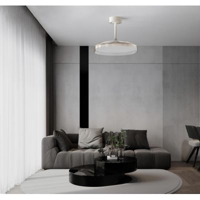 GLASS FAN VENTILATORE METALLO BIANCO E VETRO LUCE LED DIMMERABILE 2 MISURE PALE A SCOMPARSA TELECOMANDO INCLUSO