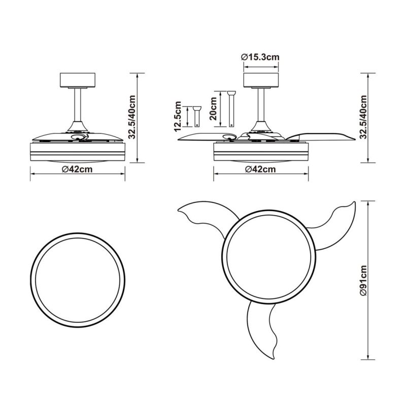 VILLENA VENTILATORE BIANCO CON PALE A SCOMPARSA 2 MISURE LUCE LED DIMMERABILE TELECOMANDO INCLUSO