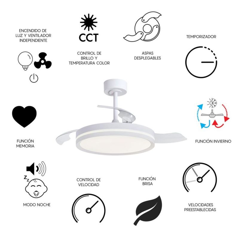 VILLENA VENTILATORE BIANCO CON PALE A SCOMPARSA 2 MISURE LUCE LED DIMMERABILE TELECOMANDO INCLUSO