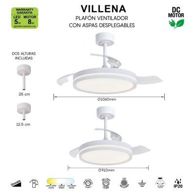VILLENA VENTILATORE BIANCO CON PALE A SCOMPARSA 2 MISURE LUCE LED DIMMERABILE TELECOMANDO INCLUSO